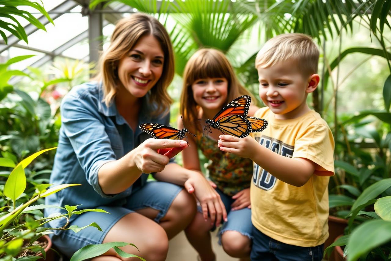 Mom and two kids watching a monarch land on a child's finger