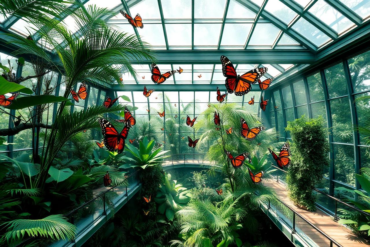 Glass conservatory filled with tropical plants and butterflies
