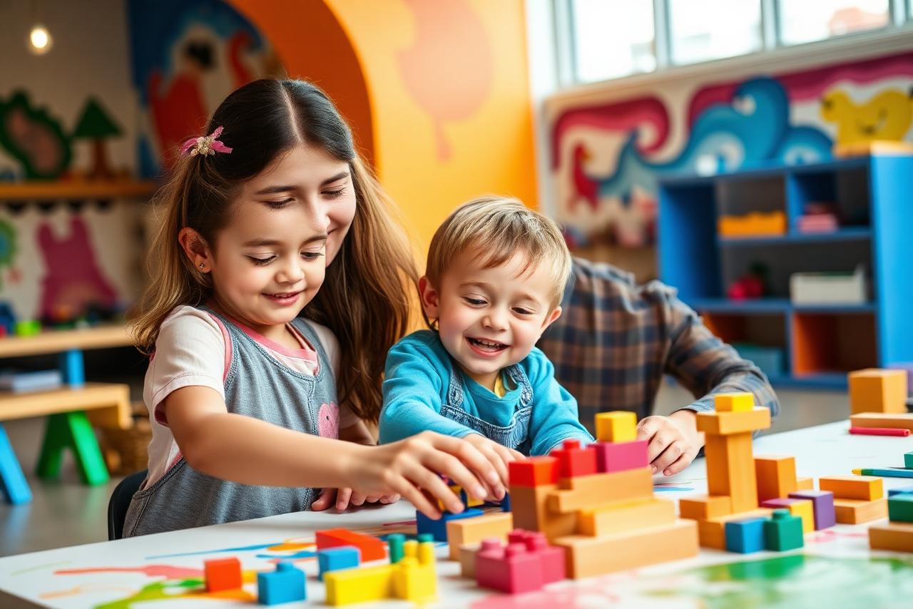 Mom and two kids building at a hands-on children's museum table
