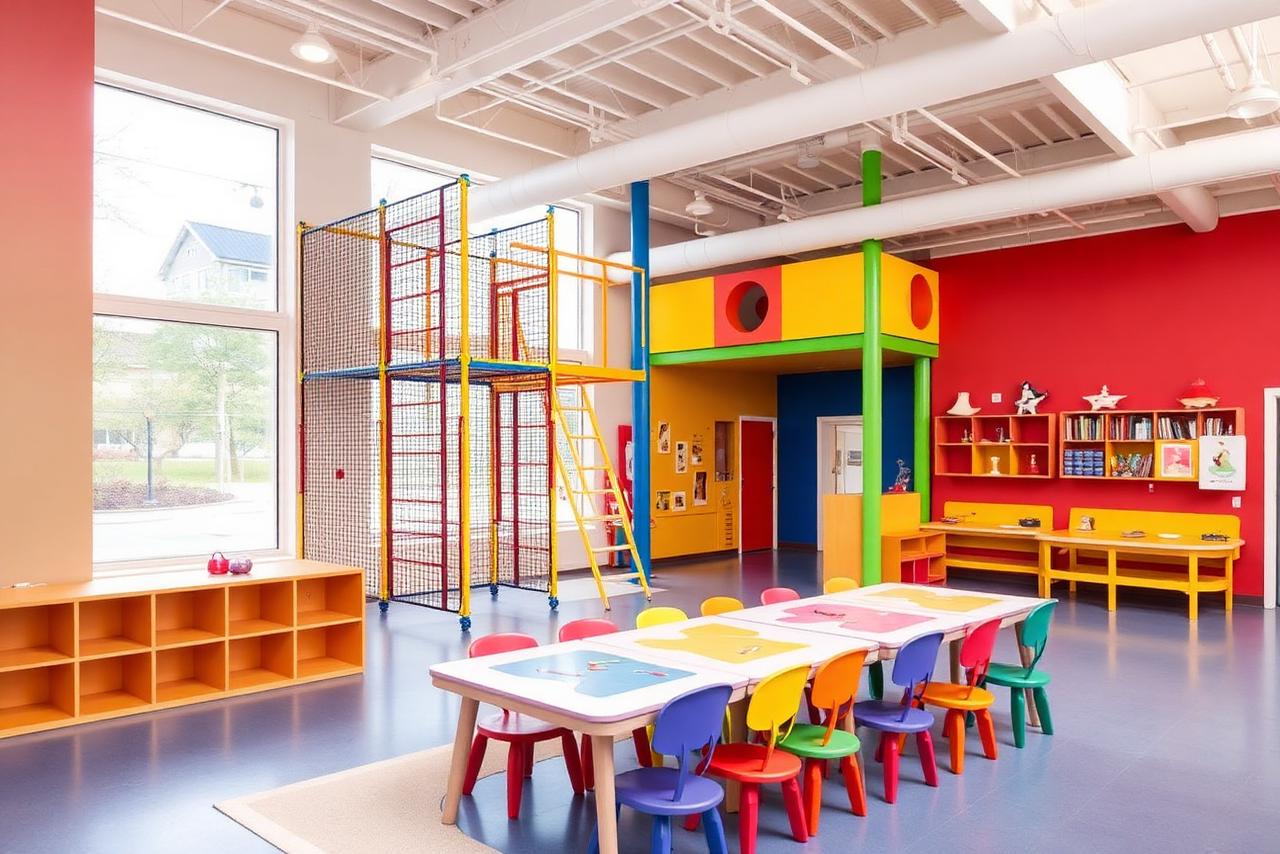 Bright children's museum interior with climbing structure and art tables