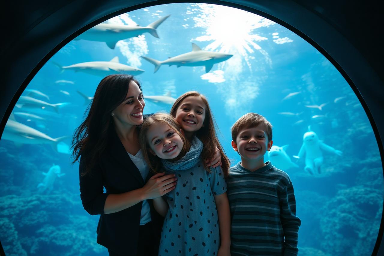 Mom and two kids in the curved shark tunnel at OdySea Aquarium