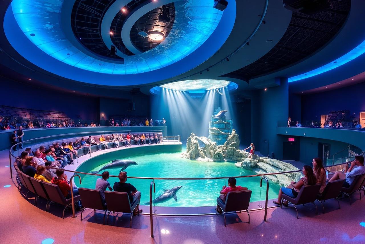 Rotating stadium theater and sea lion exhibit at OdySea Aquarium