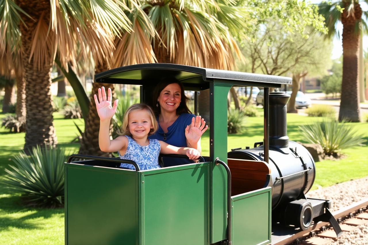 Mom and child riding the miniature train through a palm-shaded park