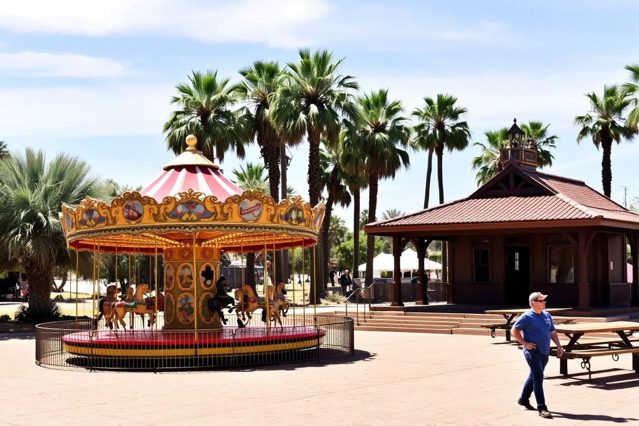 Vintage carousel and railroad depot in a sunny Arizona park
