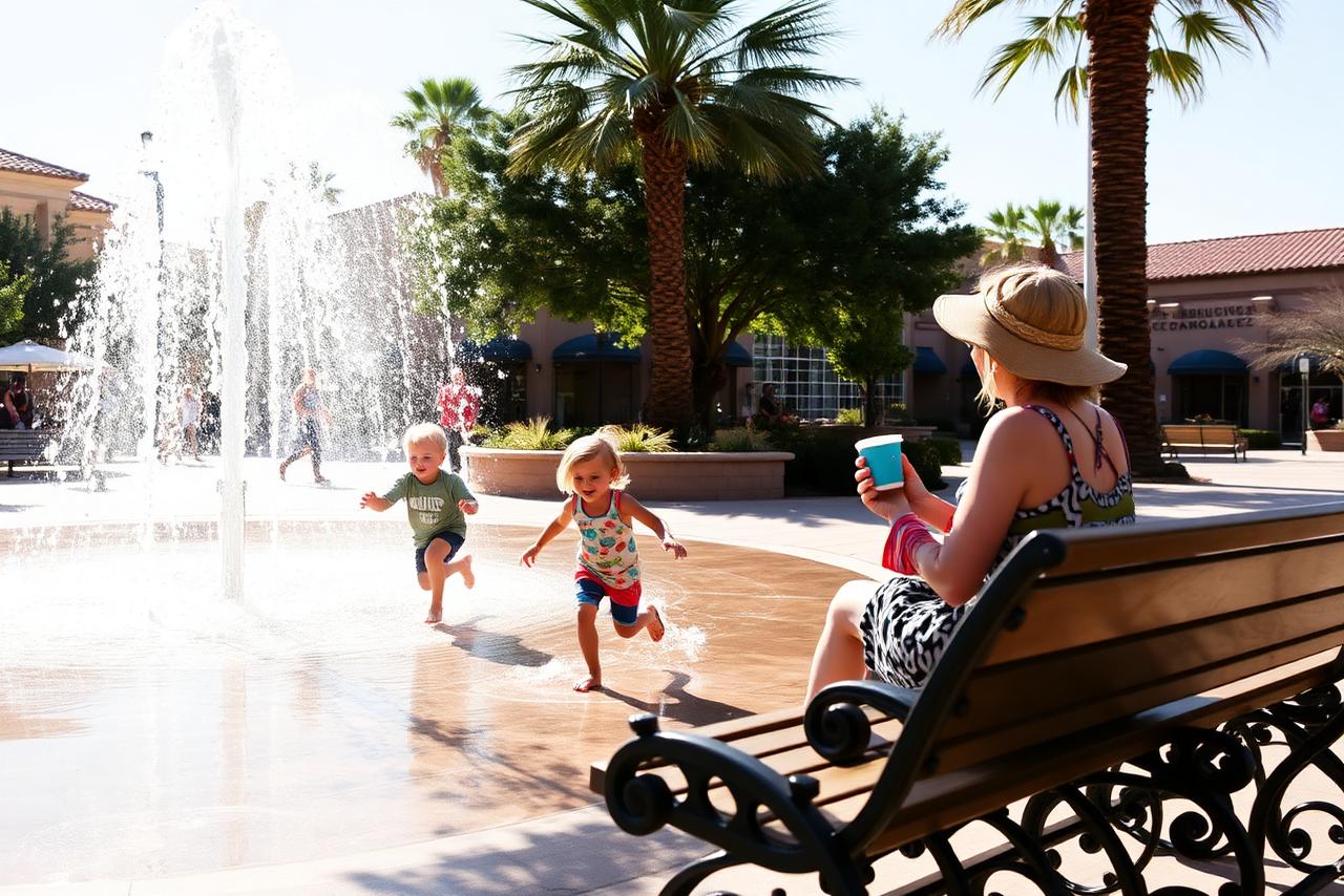 Kids running through a splash fountain while mom watches from a shaded bench