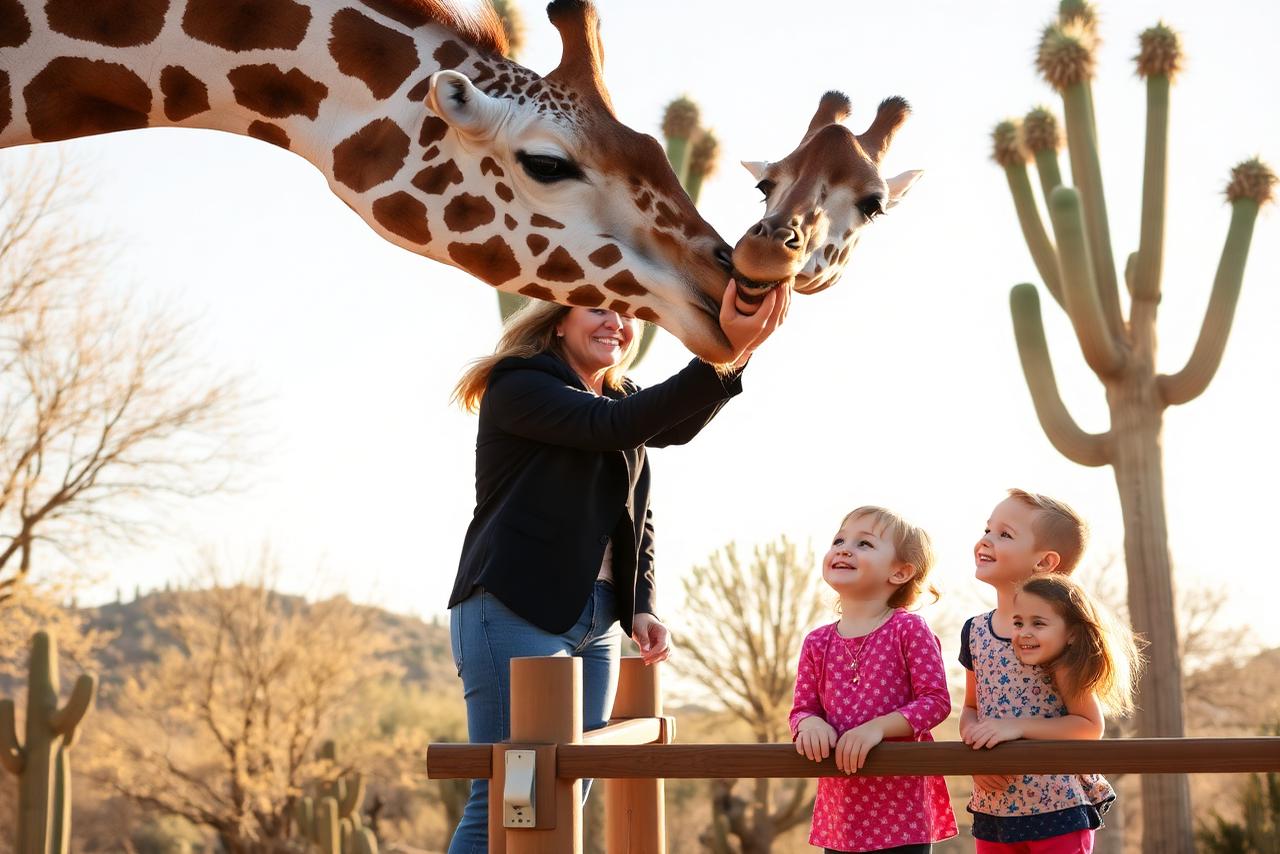 Mom and two kids feeding a giraffe at a desert zoo