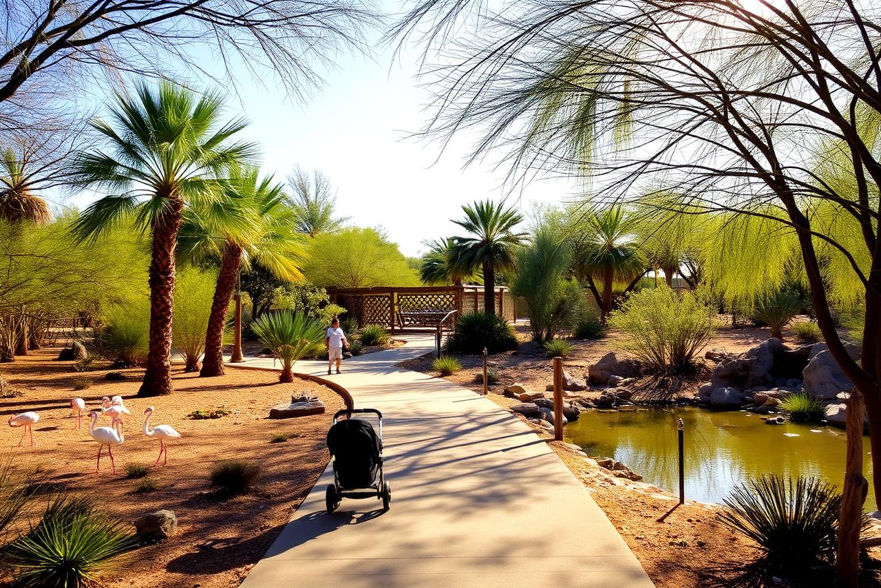 Shaded stroller-friendly zoo path with lagoons and flamingos